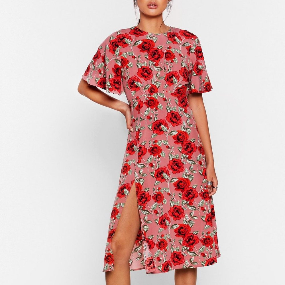 Nasty Gal Midi Dress Floral Open Back Pink Red Roses Size L Stalk My Way